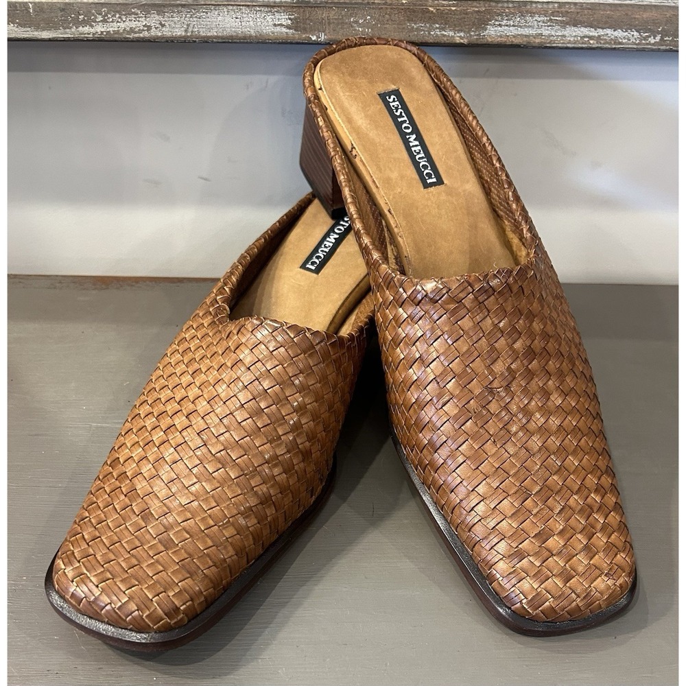 Sesto Meucci Woven Leather Mule Slides in Cognac Brown